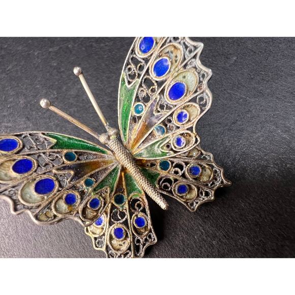 Vintage Alieti Adriana 800 silver Italian enameled filigree butterfly brooch pin - Picture 2 of 15